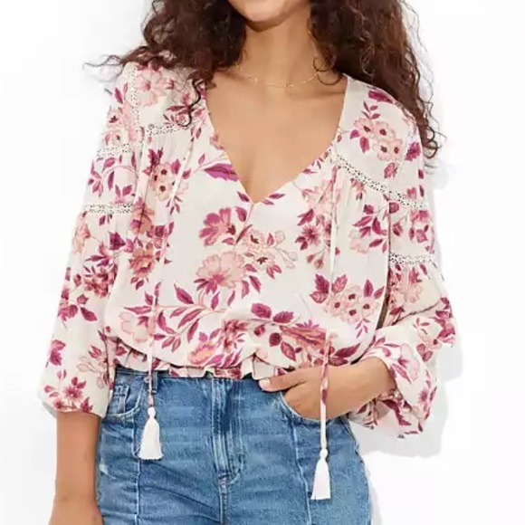 American Eagle Outfitters Tops - American Eagle Lace Inset Tassel Blouse